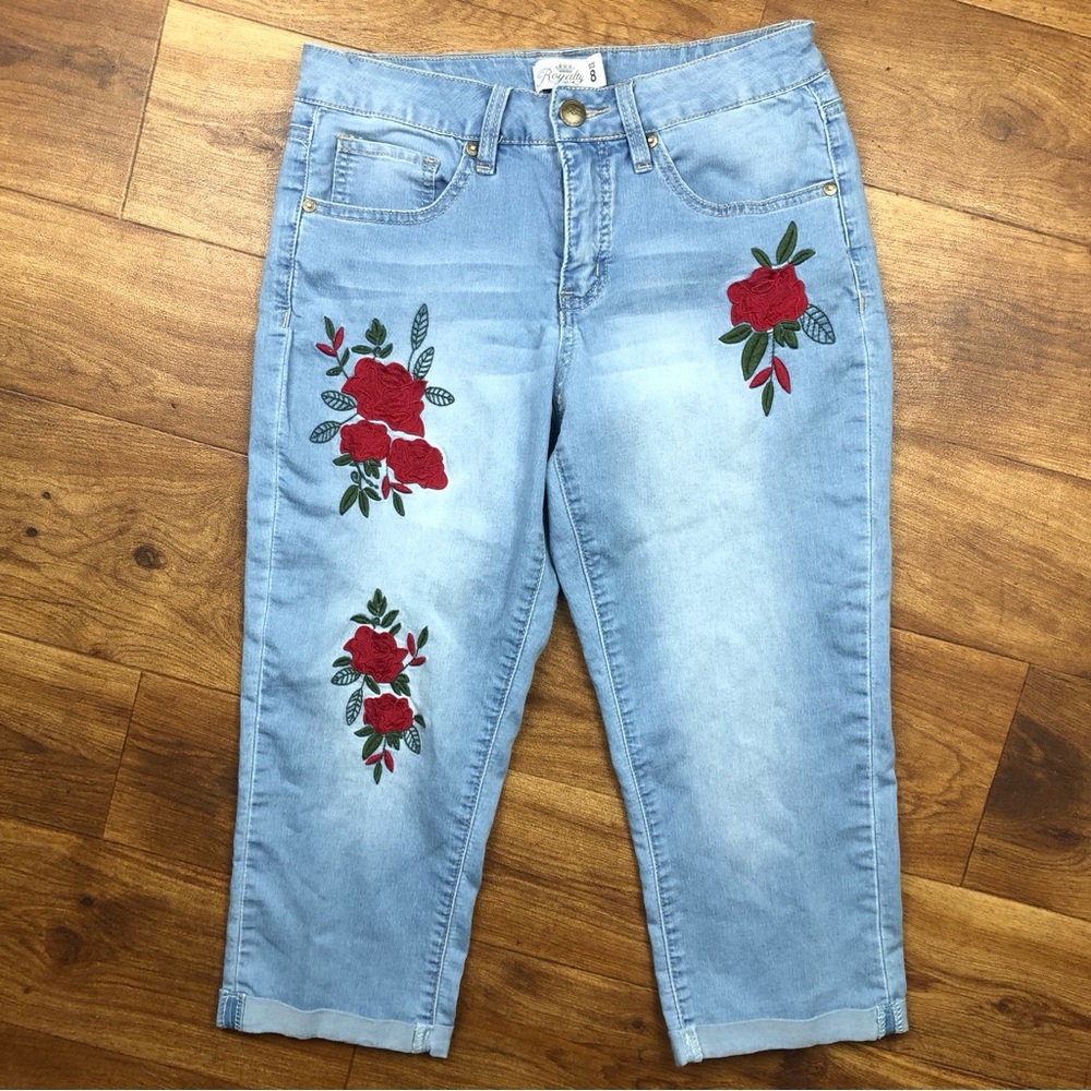 Royalty For Me Cropped Jeans Pants Red Roses Floral